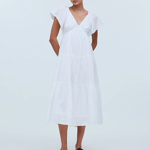 Madewell White Tie-Back Flutter-Sleeve Tiered Midi Dress NWT size 0 - Picture 1 of 12
